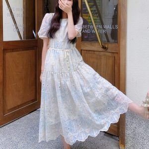 Elegant White Puff Sleeve Dress for Women - Summer 2025 Tea Break Style, Waist-Cinching, Long Length, Gentle Temperament Fashion