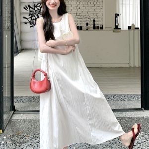Elegant White Sleeveless Dress for Women - Summer 2025 Long Dress with Gentle Temperament, Exquisite Design for Effortless Style