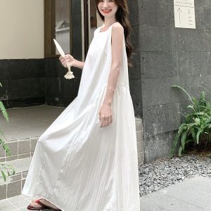 Elegant White Sleeveless Dress for Women - Summer 2025 Long Dress with Gentle Temperament, Exquisite Design for Effortless Style
