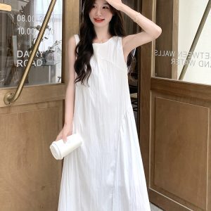 Elegant White Sleeveless Dress for Women - Summer 2025 Long Dress with Gentle Temperament, Exquisite Design for Effortless Style