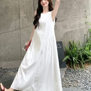 Elegant White Sleeveless Dress for Women - Summer 2025 Long Dress with Gentle Temperament, Exquisite Design for Effortless Style