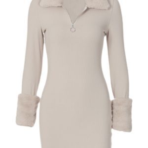 Elegant Winter Knitted Dress for Women, Fur Patchwork, Half-Open Collar, Long Sleeve, European American Style, 2024 Fashion