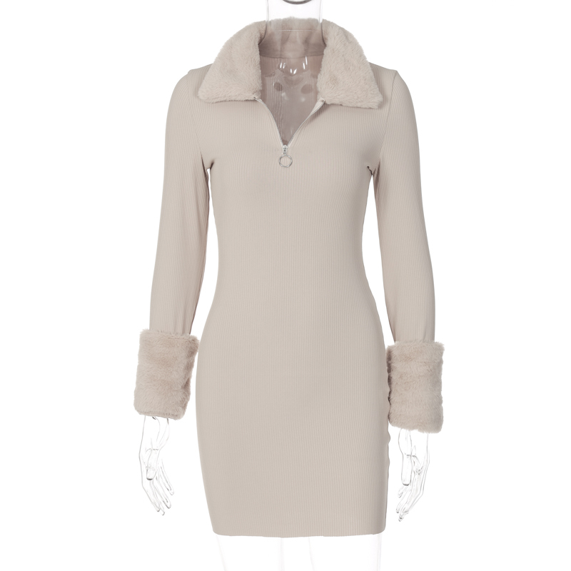 Elegant Winter Knitted Dress for Women, Fur Patchwork, Half-Open Collar, Long Sleeve, European American Style, 2024 Fashion