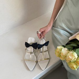 Elegant Women's High-Heeled Sandals - Roman Style with Single Strap, Golden Pointed Toe and Bow - Chic Fashion Footwear