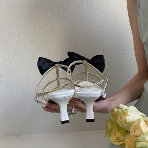 Elegant Women's High-Heeled Sandals - Roman Style with Single Strap, Golden Pointed Toe and Bow - Chic Fashion Footwear