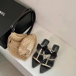 Elegant Women's High-Heeled Sandals - Roman Style with Single Strap, Golden Pointed Toe and Bow - Chic Fashion Footwear