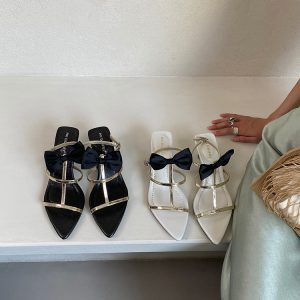 Elegant Women's High-Heeled Sandals - Roman Style with Single Strap, Golden Pointed Toe and Bow - Chic Fashion Footwear