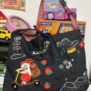 Embroidered Denim Crossbody Bag - Cute Large-Capacity Commuter Shoulder Bag for Students - Trendy Casual Style
