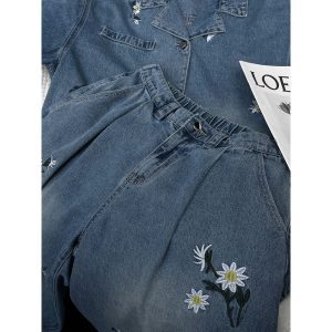 Embroidered Floral Design Short Sleeve Denim Shirt Set with Retro Casual Denim Pants for Men - Summer Fashion 90s Style