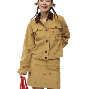 Embroidered Heart Bear Corduroy Barn-Style Jacket and Skirt Set - Y2K Inspired Fashion