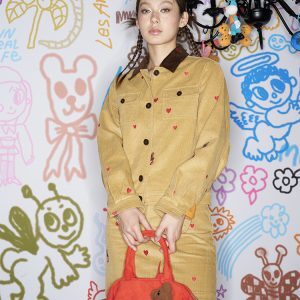 Embroidered Heart Bear Corduroy Barn-Style Jacket and Skirt Set - Y2K Inspired Fashion