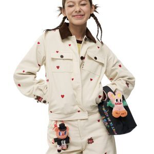 Embroidered Heart Bear Corduroy Barn-Style Jacket and Skirt Set - Y2K Inspired Fashion