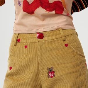 Embroidered Heart Bear Corduroy Wide-Leg Pants - Casual Straight-Leg Trousers, Y2K Style, Artist Design, Trendy Fashion