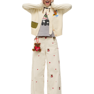 Embroidered Heart Bear Corduroy Wide-Leg Pants - Casual Straight-Leg Trousers, Y2K Style, Artist Design, Trendy Fashion