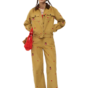 Embroidered Heart Bear Corduroy Wide-Leg Pants - Casual Straight-Leg Trousers, Y2K Style, Artist Design, Trendy Fashion