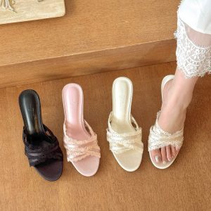 Ethereal Hollowed-Out Satin Lace High-Heeled Summer Sandals with Ruffled Edges - Elegant 90s Inspired Footwear