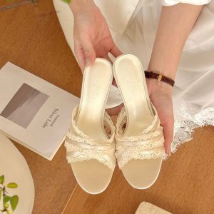Ethereal Hollowed-Out Satin Lace High-Heeled Summer Sandals with Ruffled Edges - Elegant 90s Inspired Footwear