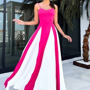 Ethnic Style Backless Spaghetti Strap Dress for Women - Two-Tone Spliced High-Waisted A-Line Long Skirt, Perfect for Summer Events
