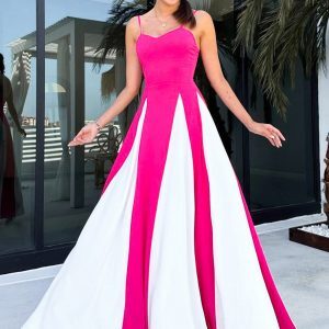 Ethnic Style Backless Spaghetti Strap Dress for Women - Two-Tone Spliced High-Waisted A-Line Long Skirt, Perfect for Summer Events