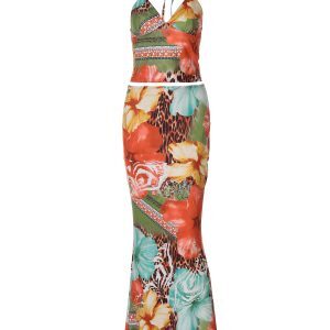 Ethnic Style Irregular Print Fashion Set for Women - Deep V-Neck Halter Top & High-Waisted Fitted Skirt, Boho Chic Look