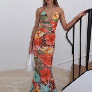 Ethnic Style Irregular Print Fashion Set for Women - Deep V-Neck Halter Top & High-Waisted Fitted Skirt, Boho Chic Look