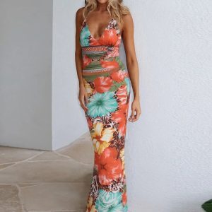 Ethnic Style Irregular Print Fashion Set for Women - Deep V-Neck Halter Top & High-Waisted Fitted Skirt, Boho Chic Look
