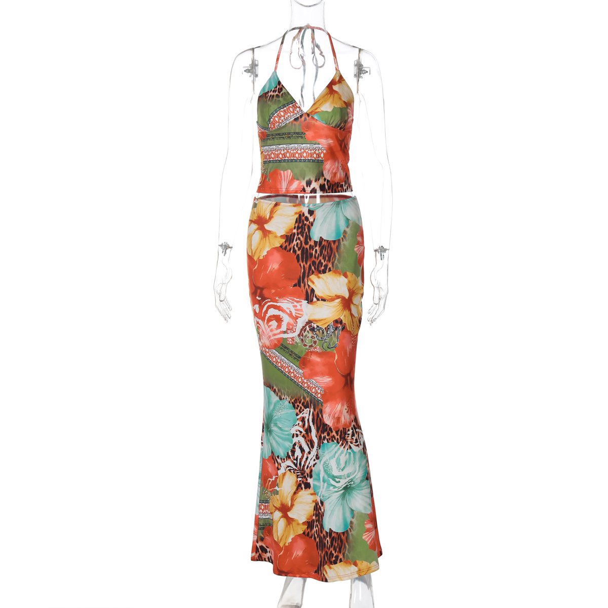 Ethnic Style Irregular Print Fashion Set for Women - Deep V-Neck Halter Top & High-Waisted Fitted Skirt, Boho Chic Look