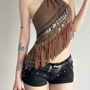 Ethnic Style Metal Decorative Beaded Neck Strap Women's Irregular Slim Short Tassel Vest Top - Boho Chic Fashion