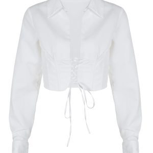 European American Style Sexy Tie-Waist Hollowed-Out Cardigan with Lapel Long Sleeve Shirt - Trendy Short Top for Hot Girls