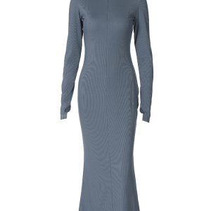 European and American Style Long Sleeve Dress with Invisible Zipper, Shoulder Pads, High Waist, Slim Fit, Knee-Length - Chic Women's Fashion