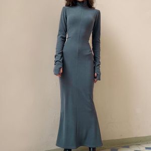 European and American Style Long Sleeve Dress with Invisible Zipper, Shoulder Pads, High Waist, Slim Fit, Knee-Length - Chic Women's Fashion