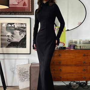 European and American Style Long Sleeve Dress with Invisible Zipper, Shoulder Pads, High Waist, Slim Fit, Knee-Length - Chic Women's Fashion