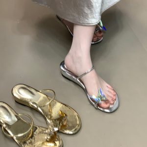 Exquisite Butterfly Rhinestone One-Strap Sandals for Women - French-Style Summer Wedge Slippers, Versatile Fashion Footwear