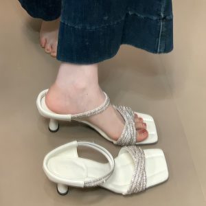 Exquisite Rhinestone Socialite Style Thin Strap Open Toe Slide Sandals for Women - Summer High Heels with Thin Heel