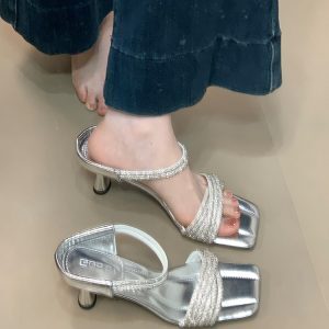 Exquisite Rhinestone Socialite Style Thin Strap Open Toe Slide Sandals for Women - Summer High Heels with Thin Heel