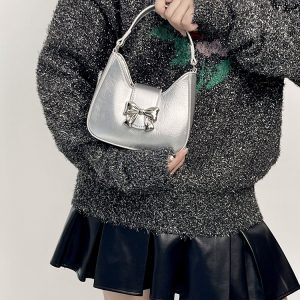 Exquisite Silver Bow Chain Handheld Crossbody Bag for Women - 2025 Niche Design Small Purse