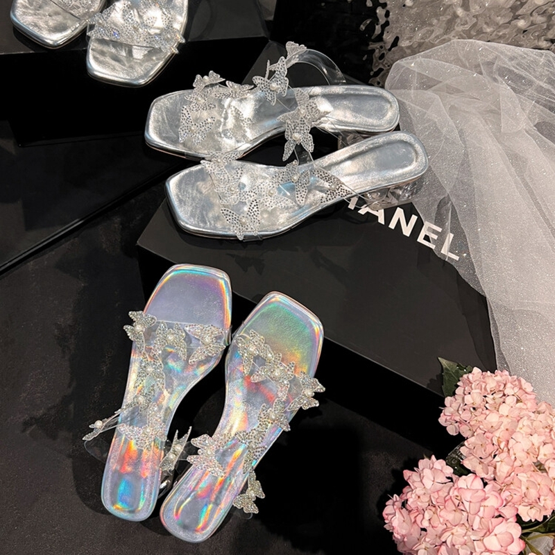 Exquisite Summer Sandals for Women - Transparent Butterfly Crystal Heels, High Heeled Half Slippers, Bling Outdoor Footwear