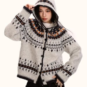 Fair Isle Hooded Sweater Cardigan for Women - Loose Vintage Knitwear in Trendy Autumn Winter Style