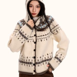 Fair Isle Hooded Sweater Cardigan for Women - Loose Vintage Knitwear in Trendy Autumn Winter Style