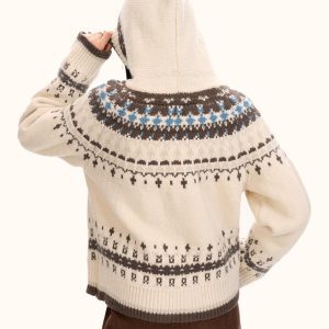Fair Isle Hooded Sweater Cardigan for Women - Loose Vintage Knitwear in Trendy Autumn Winter Style