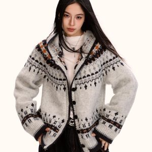 Fair Isle Hooded Sweater Cardigan for Women - Loose Vintage Knitwear in Trendy Autumn Winter Style