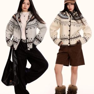 Fair Isle Hooded Sweater Cardigan for Women - Loose Vintage Knitwear in Trendy Autumn Winter Style