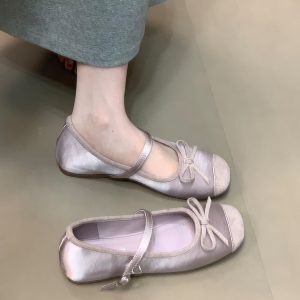 Fairy Style Bow Ballet Shoes for Women - Ocean One Shallow Mouth Design with Height Increase and One-Strap - New Model 2025