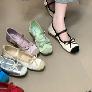 Fairy Style Bow Ballet Shoes for Women - Ocean One Shallow Mouth Design with Height Increase and One-Strap - New Model 2025