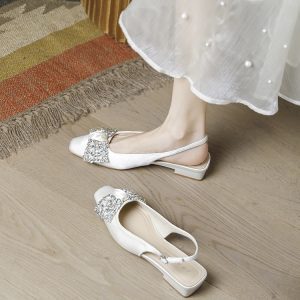 Fairy Style Flat-Heeled Women's Summer Sandals with Rhinestone Bow, Open Back, Pointed Toe - Perfect for Skirts and Casual Outfits
