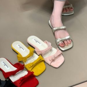 Fairy Style One-Strap Flat Sandals with Bow for Outdoor Wear, Beach Vacation, French Style, Summer Fashion