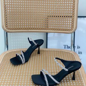 Fairy Style Rhinestone Sandals for Women - Elegant 7cm Thin Heel Square Toe High Heels, Summer 2025 One Strap Slide