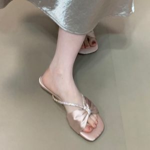 Fairy Style Square Toe Rhinestone Slippers for Women - Summer 2025 Open Toe One-Strap Outdoor Fashion Footwear