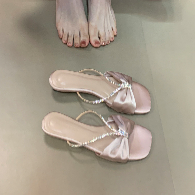 Fairy Style Square Toe Rhinestone Slippers for Women - Summer 2025 Open Toe One-Strap Outdoor Fashion Footwear