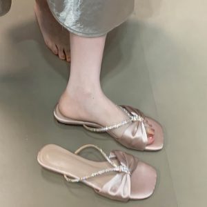 Fairy Style Square Toe Rhinestone Slippers for Women - Summer 2025 Open Toe One-Strap Outdoor Fashion Footwear
